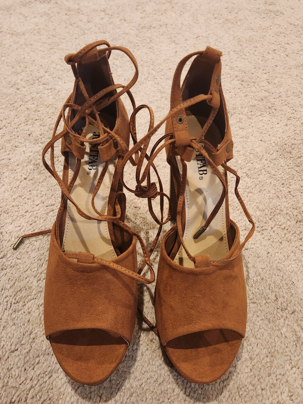 JustFab Tan Suede Lace-Up Open-Toe Sandals
